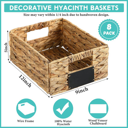 Nitial 8 Pcs Wicker Storage Basket, Rectangular Water Hyacinth Storage Basket for Shelving, Foldable Woven Pantry Organizer with Chalkboard Label and Chalk Marker (Natural,12 x 9 x 5 Inch)