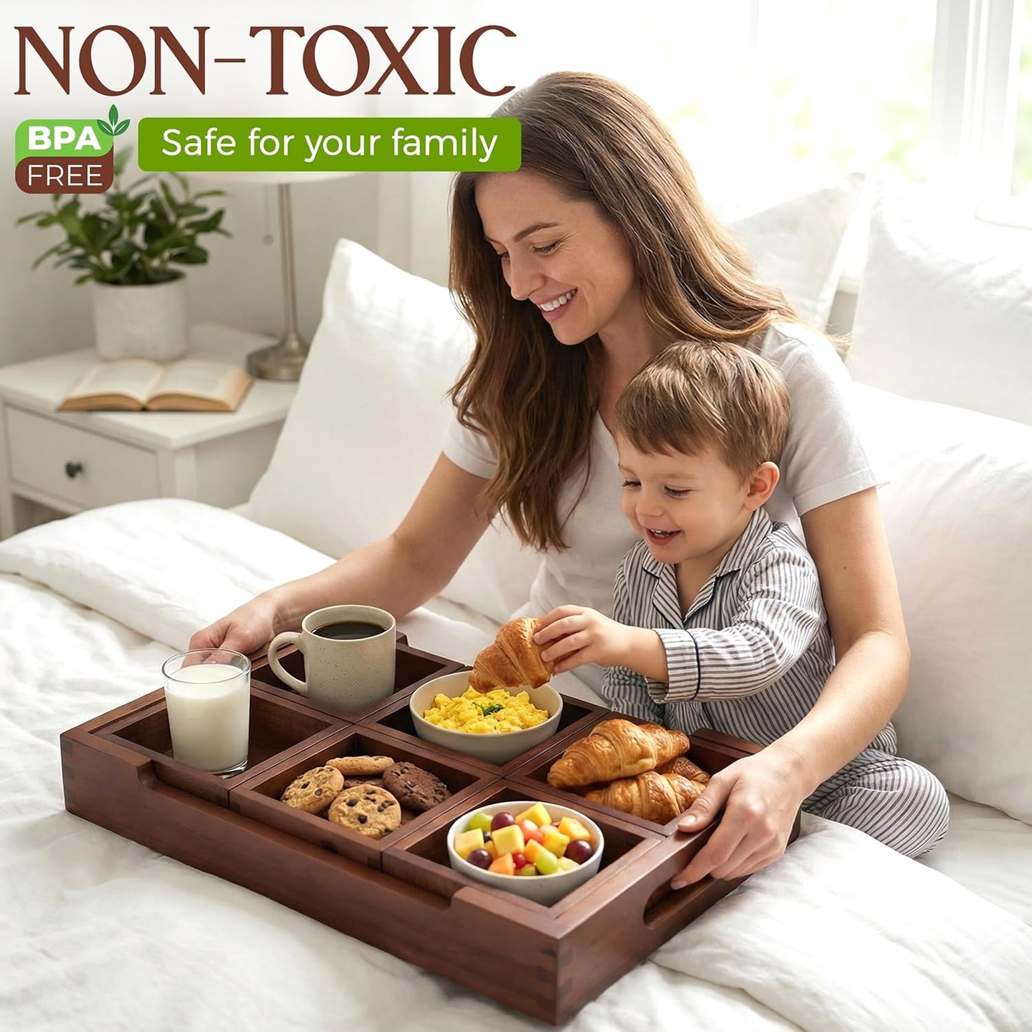 Set7 Wood Serving Tray With Handles And Lid – Large Rectangular Breakfast & Ottoman Tray with Raised Edges, Serving Platter Snack Tray, Serving Tray with Food, Drinks, Appetizer Dishes & Dessert Trays