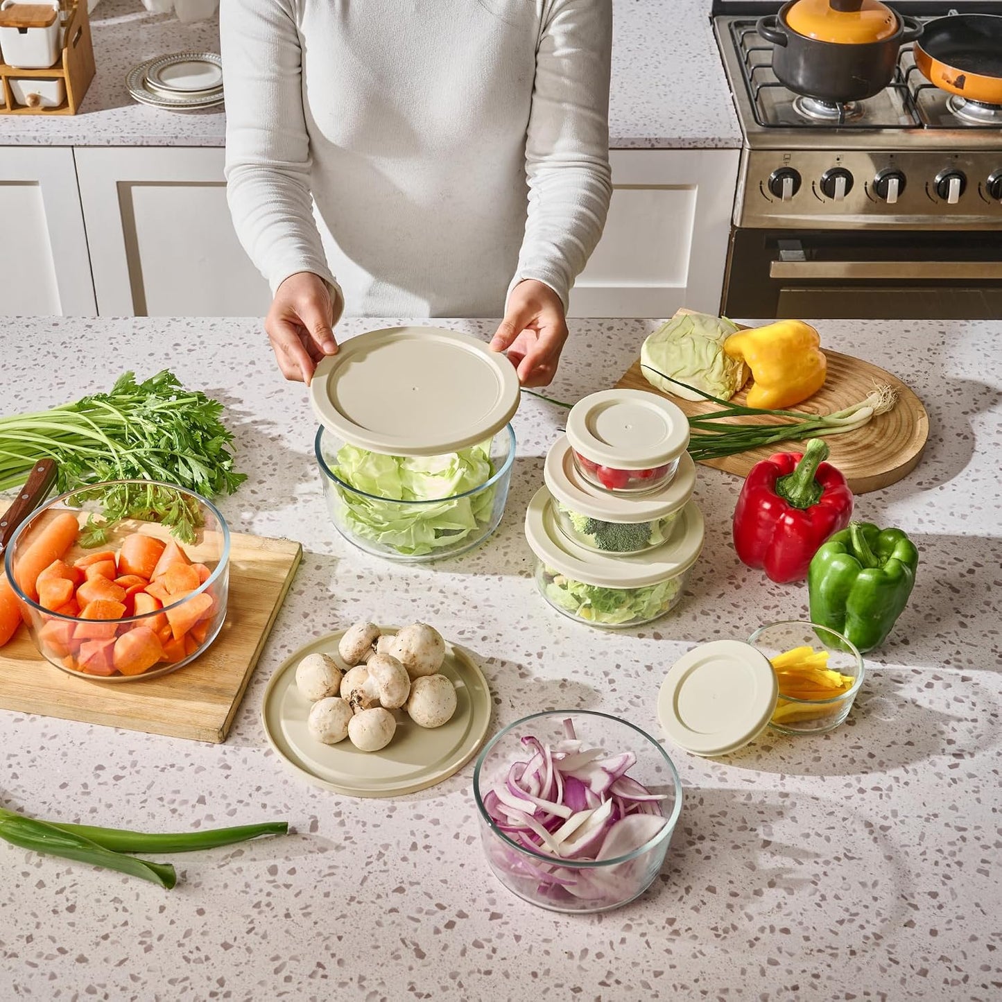 6-Piece Glass Food Storage Containers Set (3 Containers + 3 BPA-Free Lids) | 2-Cup, Leakproof | Microwave, Freezer, Oven & Dishwasher Safe | Ideal for Meal Prep & Pantry Organization, Pistachio