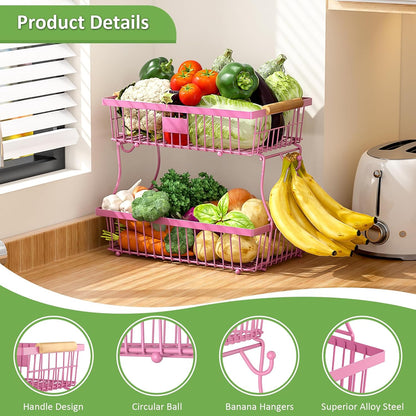 2 Tier Fruit Basket for Kitchen Counter with 2 Banana Hangers, Countertop Metal Bread Basket with Wooden Handle, Large Storage Stand for Vegetables, Snacks, Eggs, Produce Storage – Black