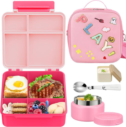 Kids Bento Lunch Box with Thermo, Include 9oz Soup Thermo, Kids Leakproof Lunch Box with 4 Compartment, Insulated Lunch Bag for Girls Boys to School Travel