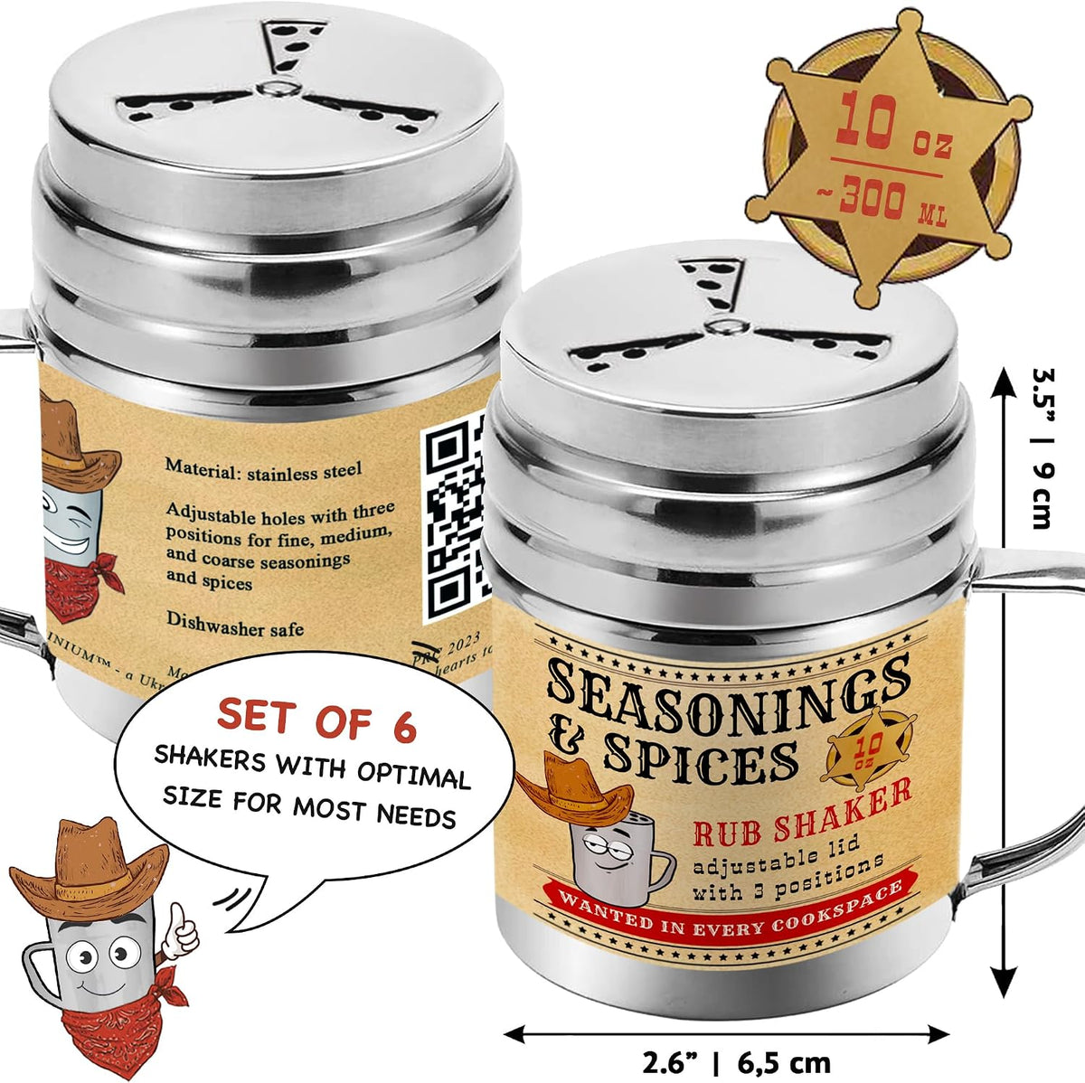 CUSINIUM 10 oz Seasonings Spice Shakers - BBQ Dry Rub Shakers - Cooking Dredge with Adjustable Fan-Style Lid and Handles