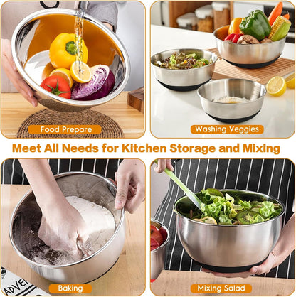 CHAREADA Mixing Bowls with Airtight Lids, 18pcs Stainless Steel Nesting Mixing Bowls Set Non-slip Silicone Bottom, Size 4.5, 3.6, 2.7, 2.1, 1.7, 1.1, 0.7 qt, Fit for Mixing & Serving(Colorful)