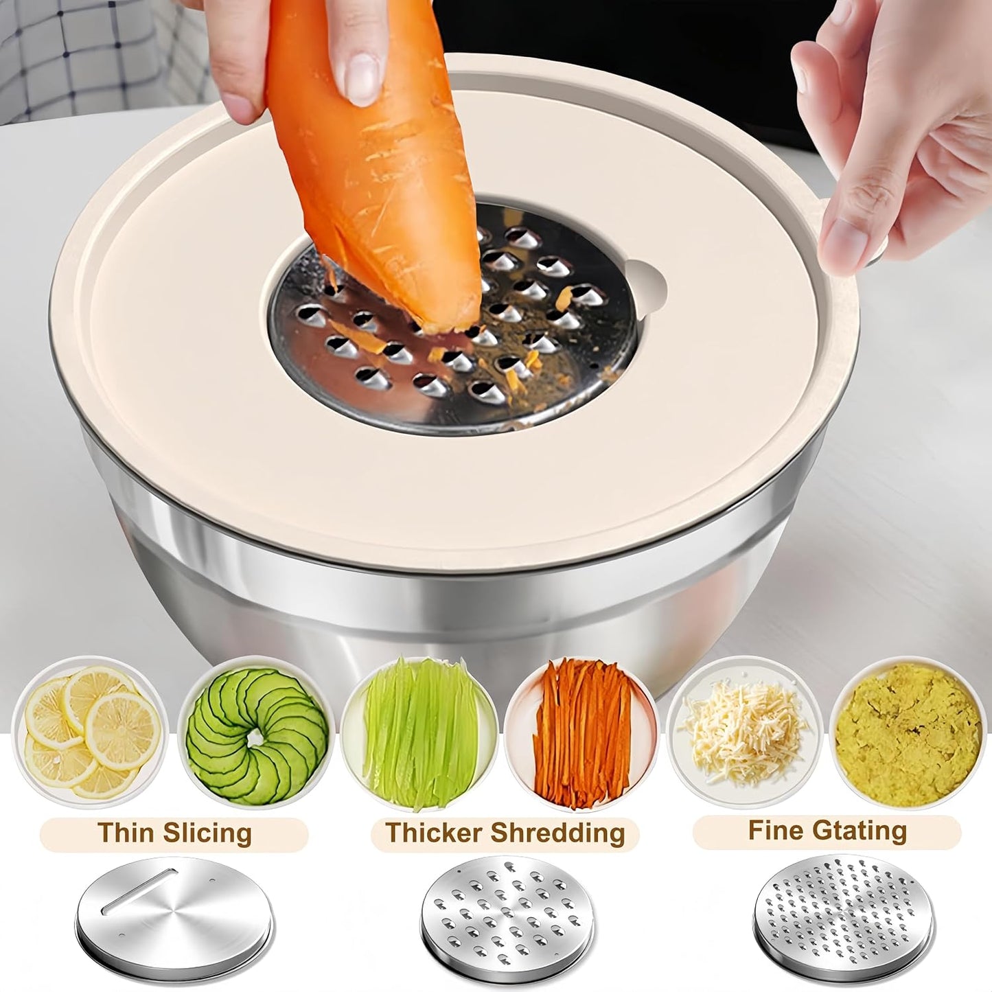 Mixing Bowls with Lids Set,7PCS Stainless Steel Bowls with 3 Grater Attachments and Measuring Spoons,Ideal for Kitchen Cooking & Serving,Non-slip Bottoms Size 6, 4, 3, 2.1,1.5,1,0.63QT (Black)