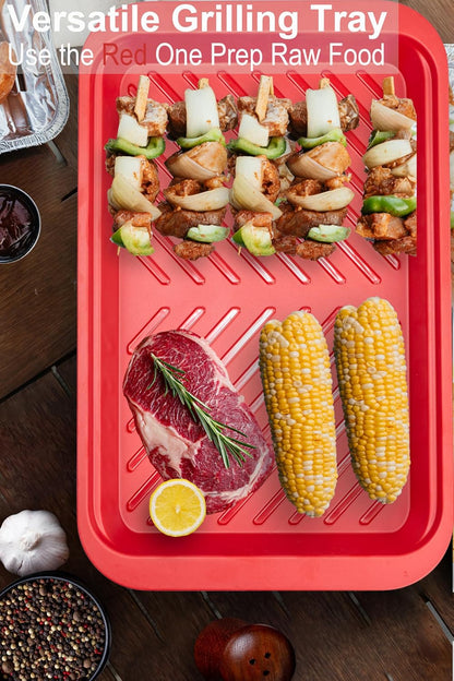 ECOIOU Large Grilling Prep and Serve Trays, 17.3" x 13" BBQ Platters for Raw and Cooked Food, Melamine Serving Trays for Food, Set of 2, Black and Red