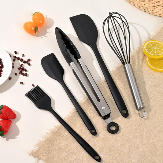 Silicone Kitchen Utensils Set - 5 Pcs Spatula Set with Holder, Heat Resistant, Dishwasher Safe (Green)