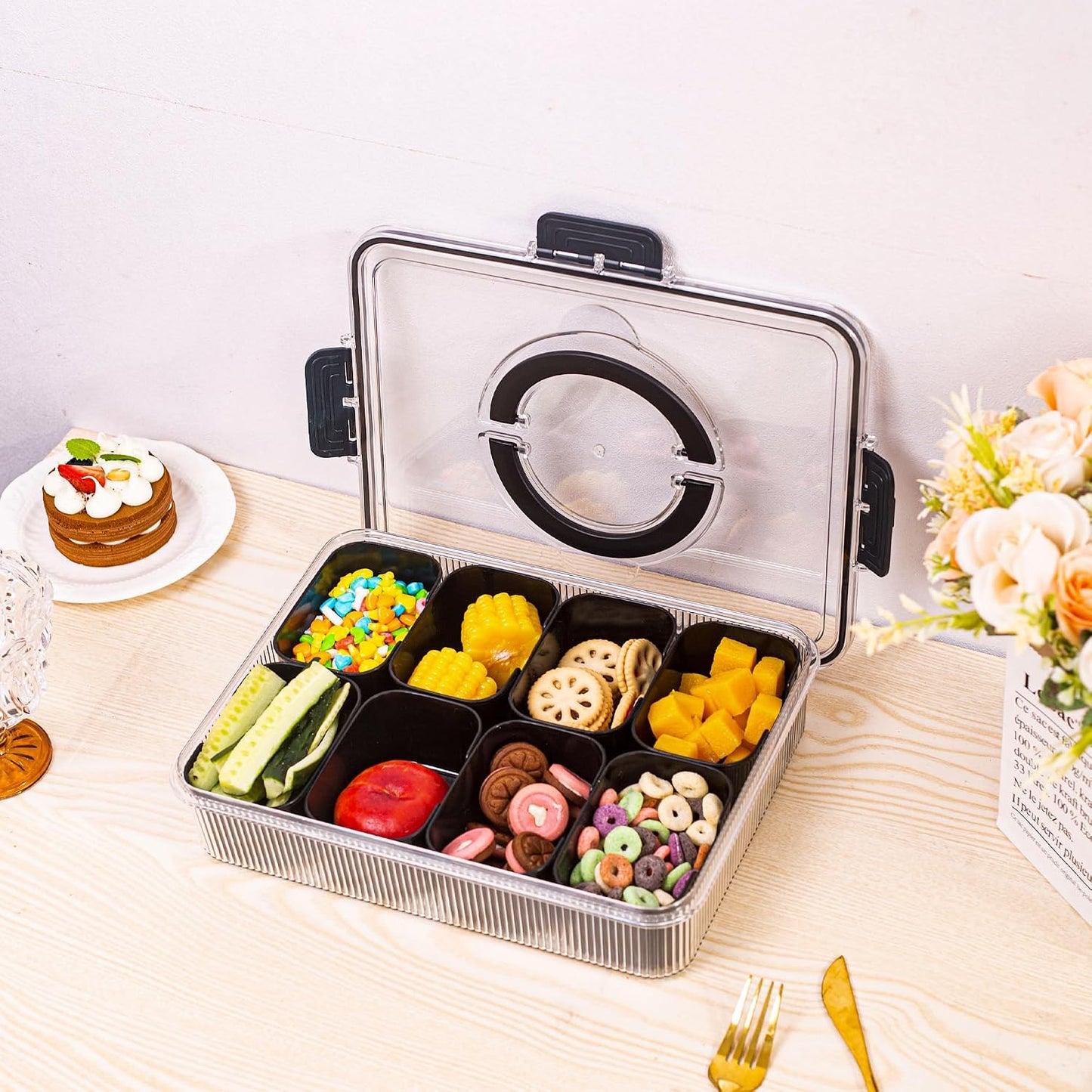 Patent Divided Serving Tray with Lid & Handle - Snackle Box Organizer for Charcuterie, Sandwiches, Veggies, Fruits, Candy - Portable Food Storage for Travel, Beach, Picnics（1 pcs, Orange）