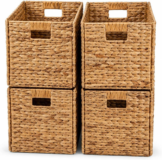 4 Hand-Woven Wicker Storage Baskets 13x11x11in, Water Hyacinth Shelf Bins | ECO-FRIENDLY & SUSTAINABLE