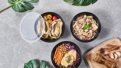 FULING 32 oz 50 ct Round Meal Prep Containers with Lids Plastic Food Storage Lunch Plan To Go Box Disposable Take Out Bowls Black BPA Free Reusable Durable Stackable Microwave Freezer Dishwasher Safe