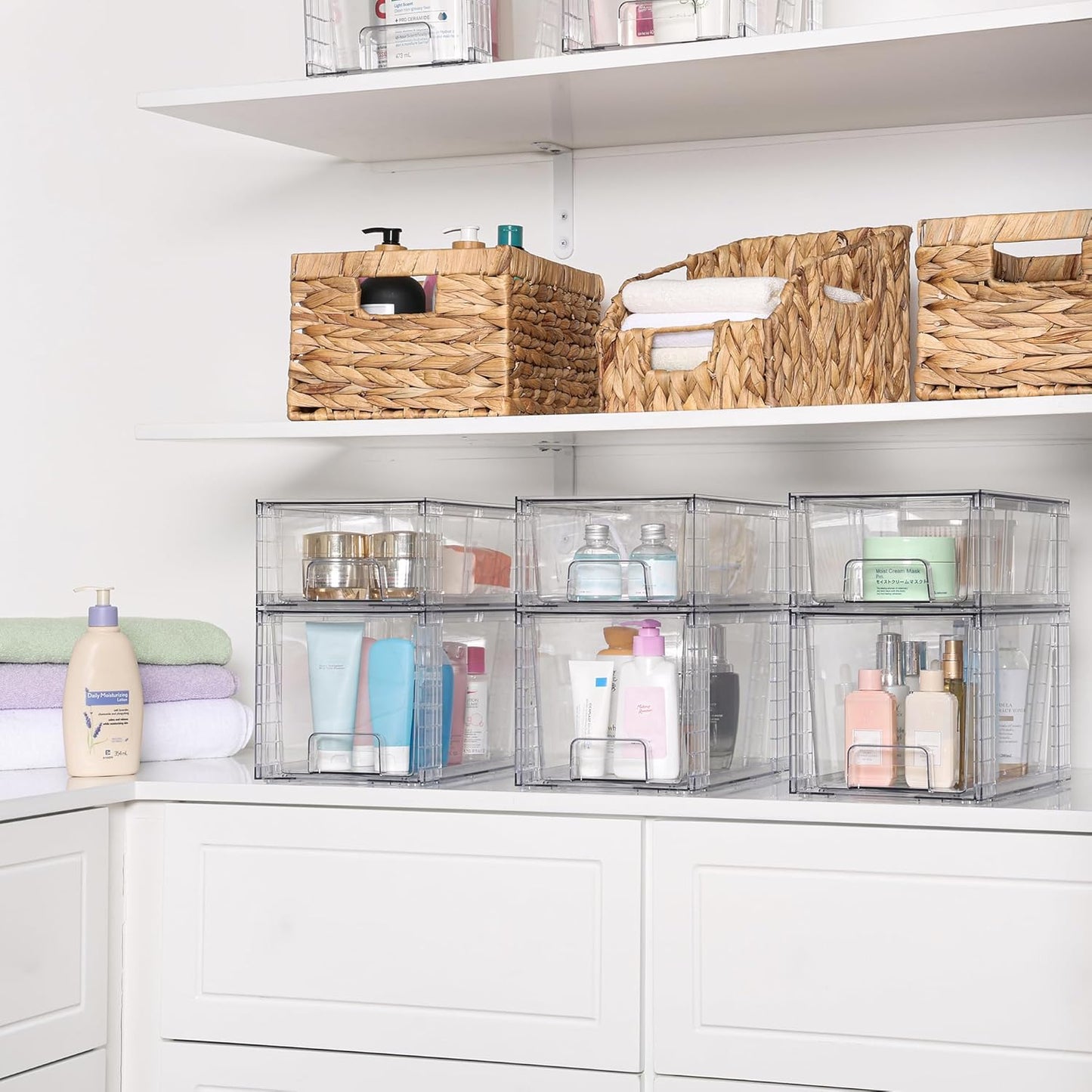 Vtopmart 4 Pack Clear Stackable Storage Drawers,Under Sink and Kitchen Organizers Storage,Easy to Assemble Plastic Drawers for Baby Bottle,Medicine, Bathroom,Cabinet and Pantry Organization