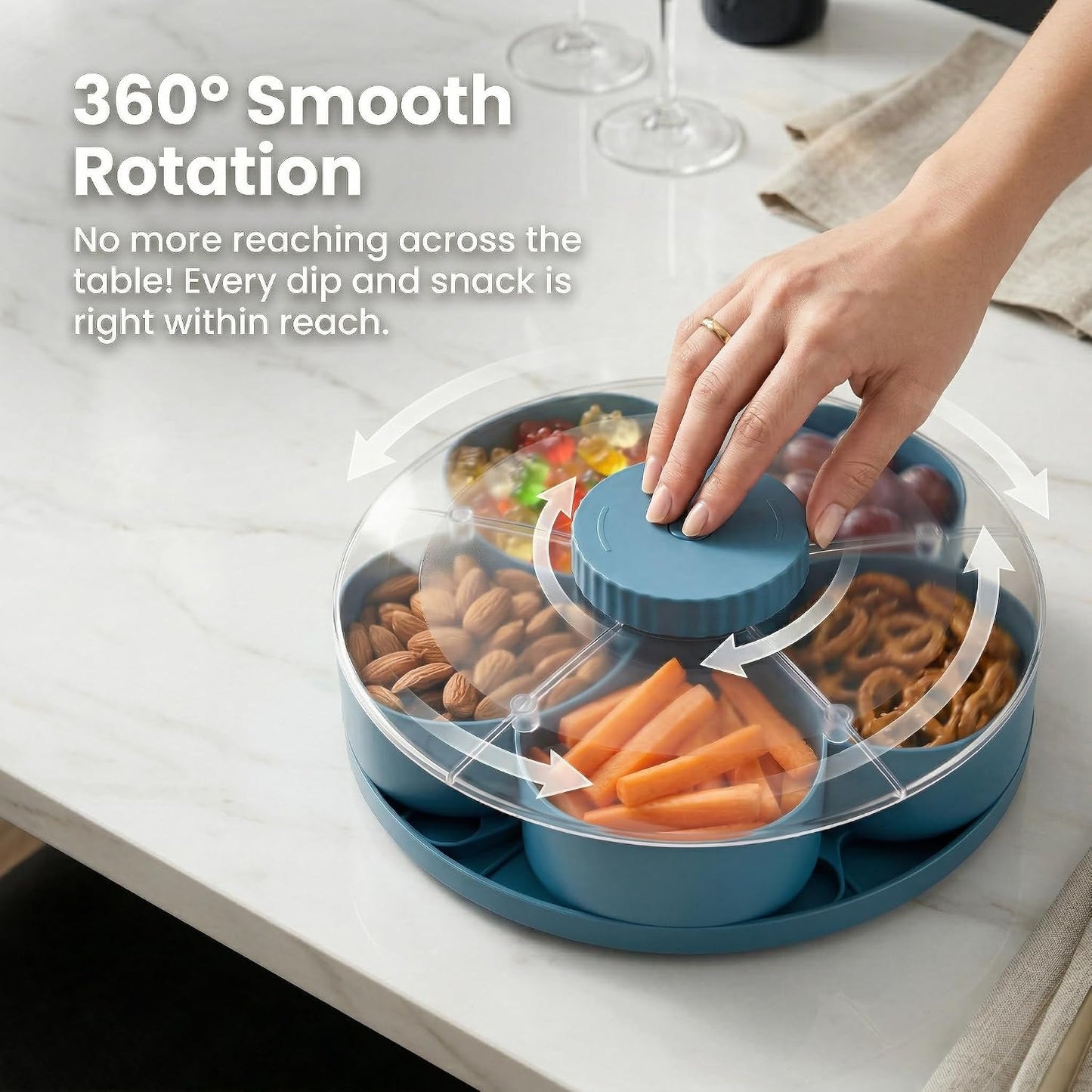 Divided Serving Tray that Spins with Lid, 5-Compartment Rotating Snack Container & Snackle Box, Lazy Susan Veggie Fruit Tray Organizer for Party Appetizers, Travel, Picnic (1PCS Gray)