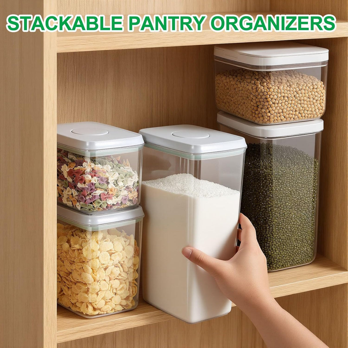 TBMax Large Airtight Food Container 5.28 Qt with Pop Up Lid & Measuring Cup, Ideal for 10 Lbs of Rice or 7 Lbs of Flour, Square Short Food Storage Bin for Kitchen Pantry and Drawer Organization
