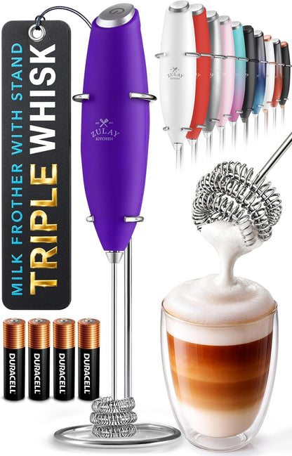 Zulay Kitchen Rechargeable Milk Frother Handheld - Frother Wand, Drink Mixer, Electric Whisk Frother, for Cappuccinos, Matcha & Protein Powder - Dynamic 3 Whisk, 3 Speed 500mAh Black - Colors A