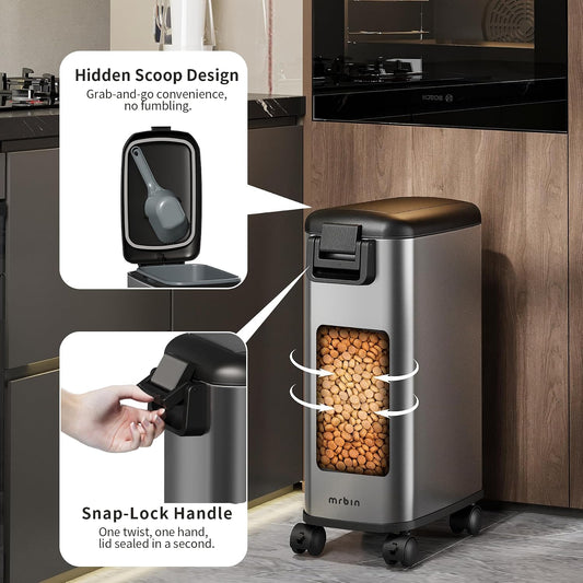 MRBIN Pet Food Bin 20 LB / 15 LB, Dog Food Storage Bin 20L with Scoop Airtight Pet Food Container Stainless Steel Large Containers with Wheels, Eclipse Grey