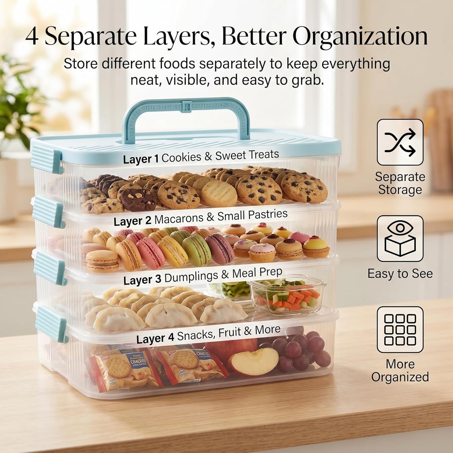 4 Tier Stackable Food Storage Container with Handle, Extra High Portable Carrier Box for Cookies, Cupcakes, Charcuterie, Pastries and Party Snacks (Mint Green)