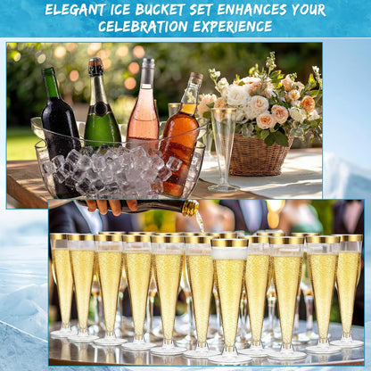 meekoo 104 Pcs Ice Buckets for Parties Set, 2 Pack 5.5l Clear Beverage Tub, 100 Pack 4.5oz Plastic Champagne Flutes, 2 Ice Scoops, Mimosa Bar Drink Supplies for Beer Wine Champagne Juice(Clear)