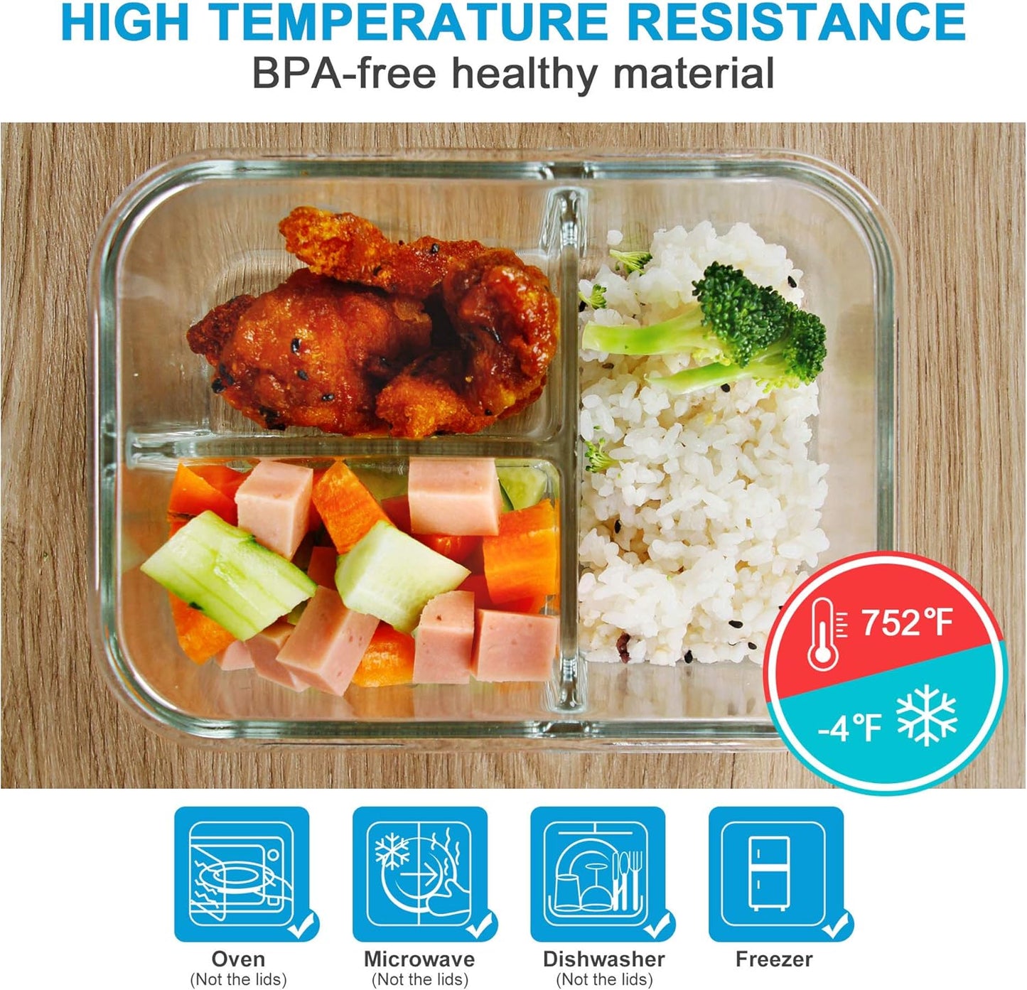 DAS TRUST 5 Pack 36oz Bento Box Glass Meal Prep Containers 3 Compartments Glass Food Storage Containers with Lids Meal Prep Bowls Lunch Box Glass Food Prep Containers Lunch Container for Oven
