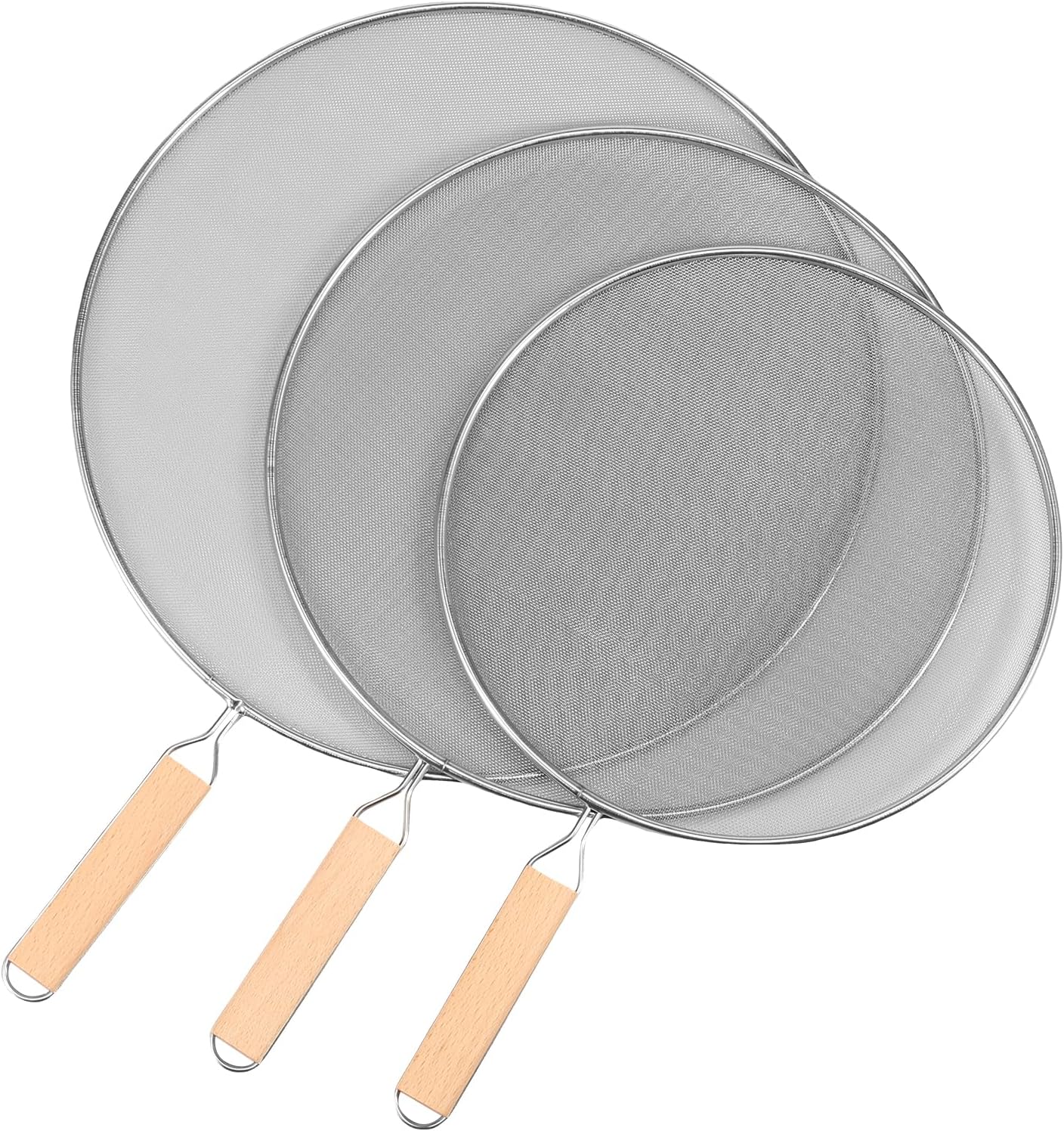 3 Pcs Splatter Screen for Frying Pan, Stainless Steel Fine Mesh Oil Splatter Guard, Splatter Guard with Wood Handle, Grease Splatter Guard for Cooking to Prevent Oil Splatter