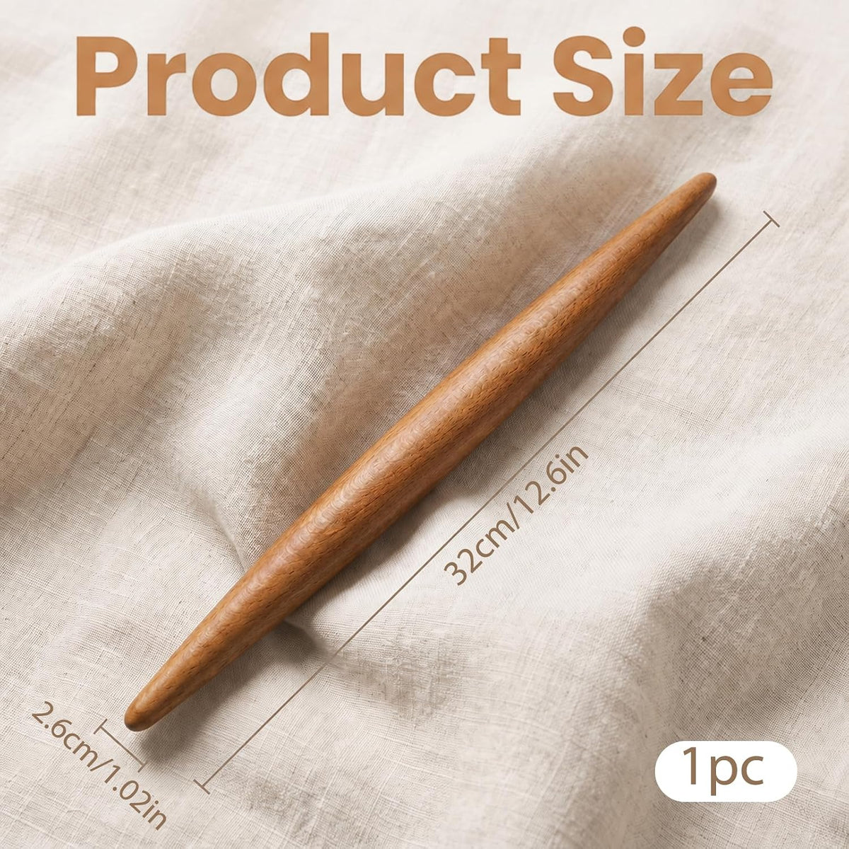 12.6 Inch French Rolling Pin, Tapered Solid Beechwood Dough Roller
