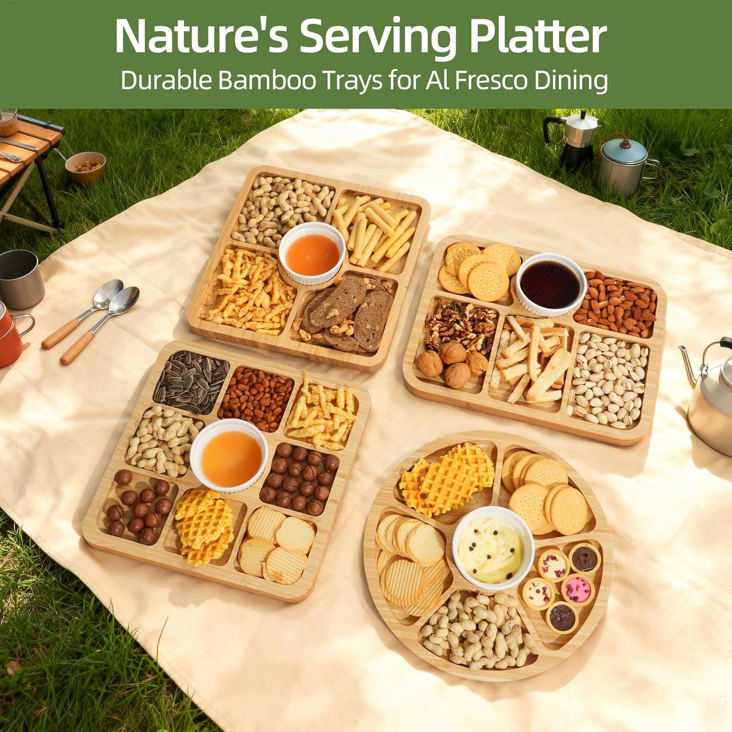 YANG Charcuterie Board with Lid, Divided Bamboo Serving Tray with Handle & Locking Lid, Portable Serving Platter for Party Outdoor Picnics Camping Gift Ready (6 Compartments,Rectangular)