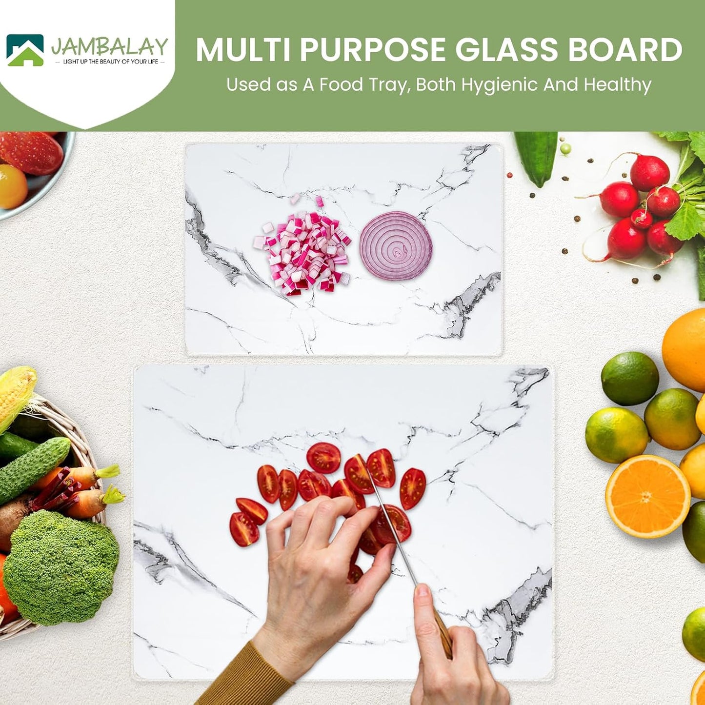 JAMBALAY Tempered Glass Cutting Boards for Kitchen, Gold 12"x8" & 16"x12" Glass Cutting Board Set with Marble Design, With Non Slip Foot, Shatter and Heat Resistant, Dishwasher Safe