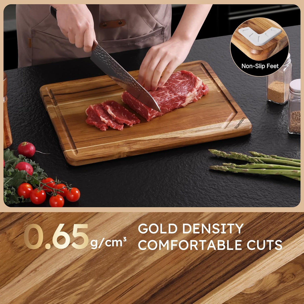 3 Pack Teak Wood Cutting Board Set with Holder Non Slip Over Sink Wooden Chopping Board for Fresh Meat Vegetable Thick Haus Perfect for Charcuterie Juice Groove Kitchen Accessories - FSC Certified