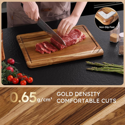 3 Pack Teak Wood Cutting Board Set with Holder Non Slip Over Sink Wooden Chopping Board for Fresh Meat Vegetable Thick Haus Perfect for Charcuterie Juice Groove Kitchen Accessories - FSC Certified