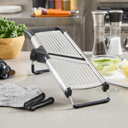 Restaurantware Stainless Steel Adjustable Mandoline Slicer - German Standard Vegetable Slicer with Blade Guard, Includes Cut-Resistant Gloves - Food Slicer for Potato, Onions, Cucumbers, Tomato