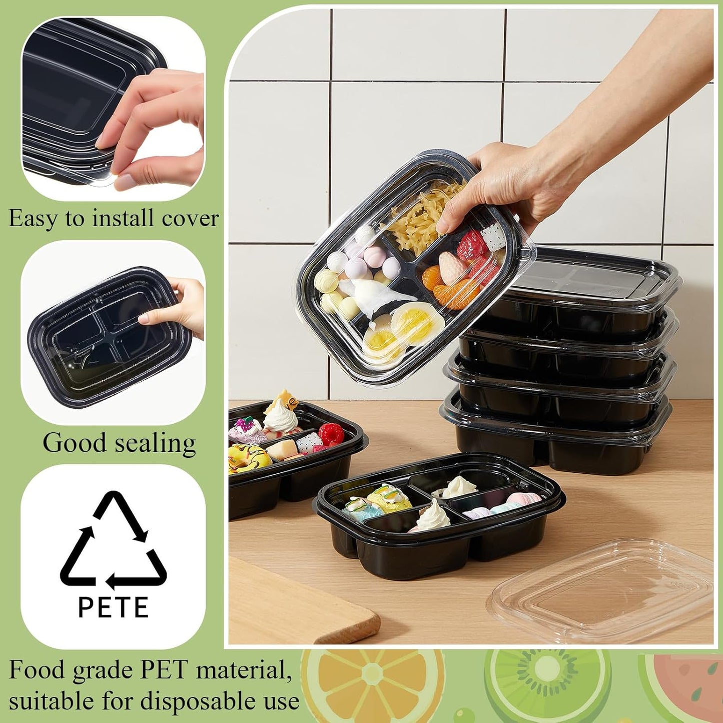 Chunful 36 Pcs 3 Compartment Transparent Snack Containers with Lids Disposable Bento Box Plastic Food Meal Prep Containers for Condiment Salad Dipping School Work Lunch