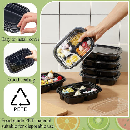 Chunful 36 Pcs 3 Compartment Transparent Snack Containers with Lids Disposable Bento Box Plastic Food Meal Prep Containers for Condiment Salad Dipping School Work Lunch