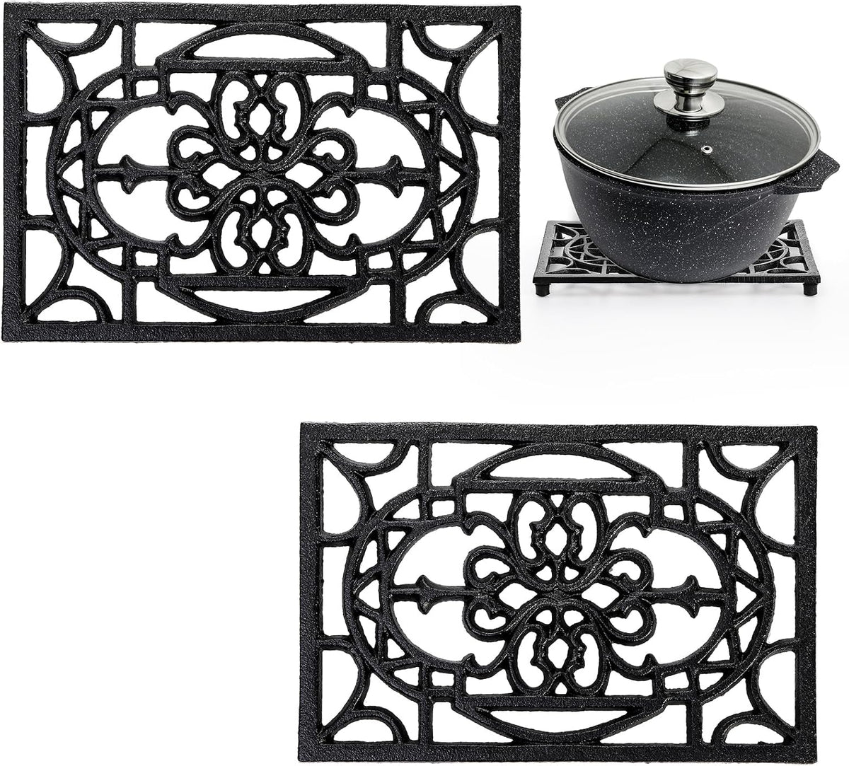 Fasmov 2 Pack Rectangle Cast Iron Trivet, 9.4 x 6.2 Inch Heat Resistant Trivet for Hot Dish Pot Pan Plate Teapot, Decorative Trivet with Rubber Feet, Pot Holders for Kitchen Dining Countertop Table