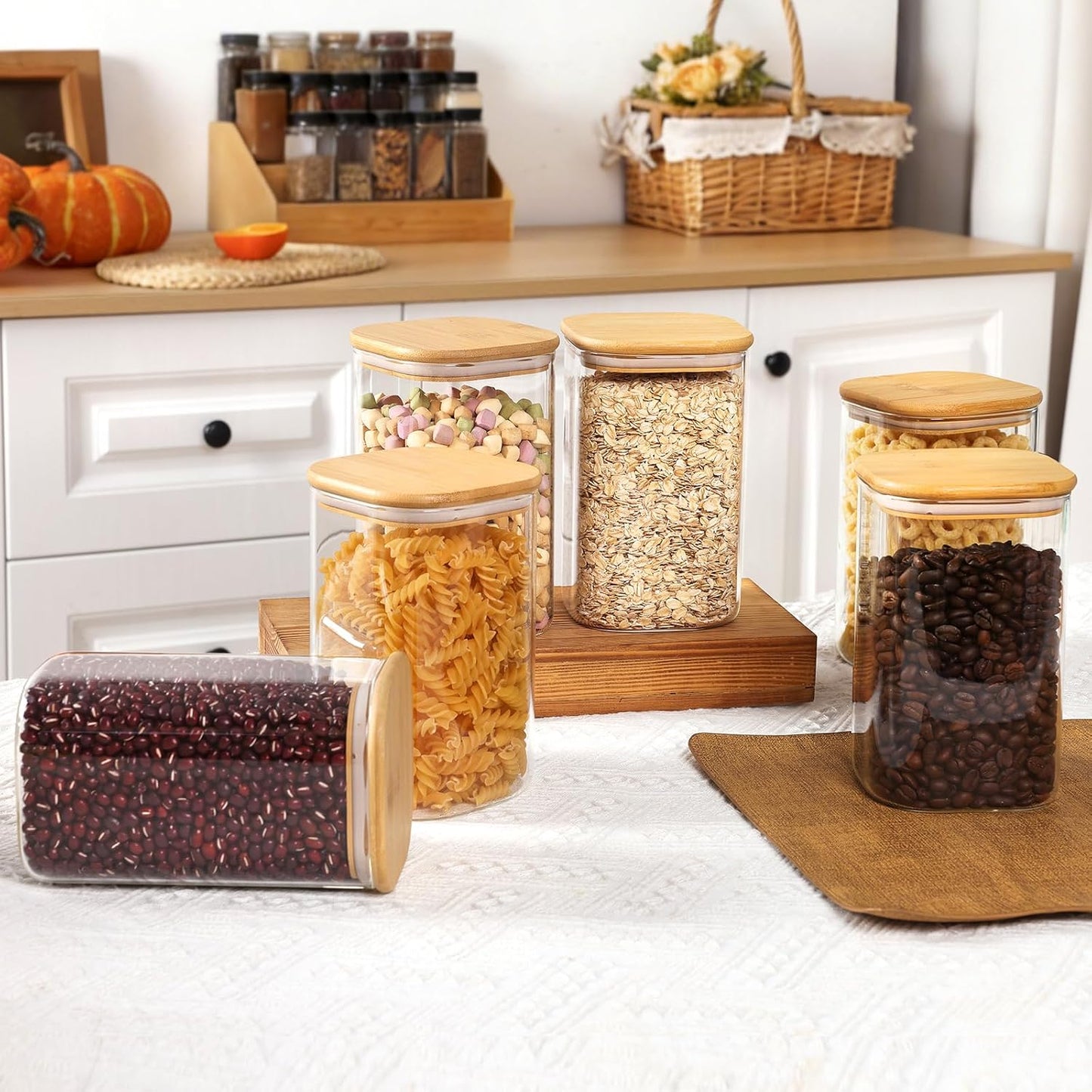 Moretoes 3 Pack 2qt Glass Storage Containers with Bamboo Press Lids, Large Airtight Food Storage Jars for Pantry, Flour, Sugar, Dry Goods