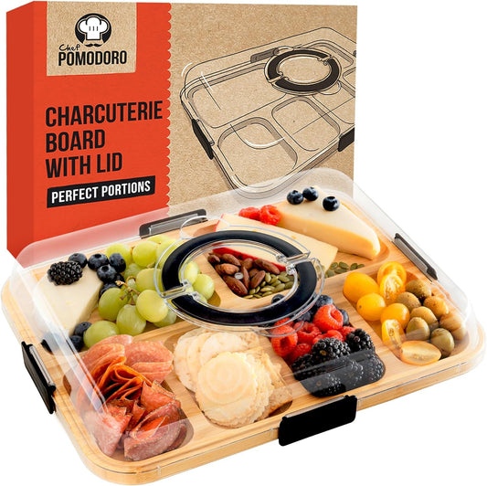 Chef Pomodoro Travel Charcuterie Board With Lid, Serving Tray, Portable, Covered Tray With Lid, Cheese Platter, Wood Grazing Board With 6 Compartments 14.4 X 11.4 in (36.7 X 29 cm)