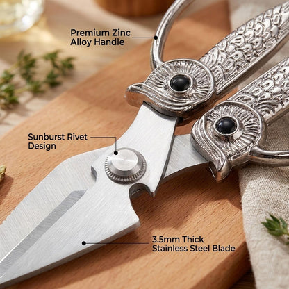 XSNBRD All Purpose Kitchen Scissors, Pearl Gold Stainless Owl Shears.