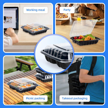 YANGRUI Plastic Containers 8" 34 oz 25 Pack - Reusable Anti Fog Crystal Lid | BPA Free PP Freezer & Microwave Safe Shrink Wrap To Go Box | Black Restaurant Hotel Grade 3 Compartment Takeout Container