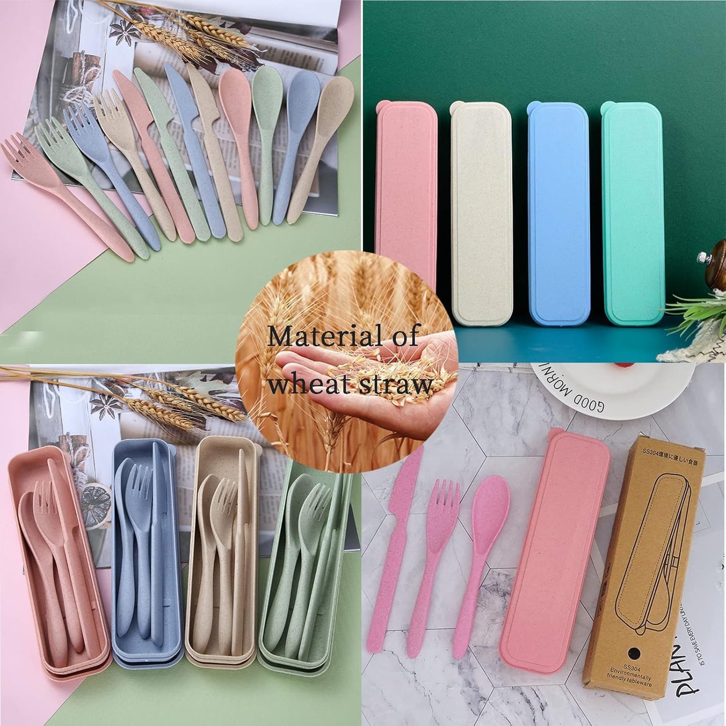 Travel Utensils with Case, 4 Sets Wheat Straw Portable Travel Cutlery Set, Reusable Fork Spoons Knife Tableware Camping Utensil Sets for Kids Adults Picnic or Daily Use, Dishwasher Safe
