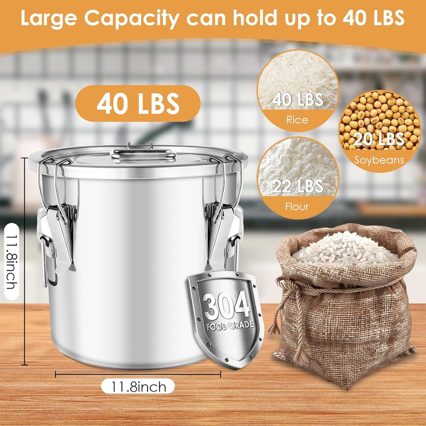304 Stainless Steel Food Containers with Lids,12L/20LBS Airtight Food Storage Containers with Lock Clips for Flour Rice Sugar Coffee Bean,Stainless Steel Food Storage Containers for Kitchen