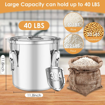 304 Stainless Steel Food Containers with Lids,12L/20LBS Airtight Food Storage Containers with Lock Clips for Flour Rice Sugar Coffee Bean,Stainless Steel Food Storage Containers for Kitchen