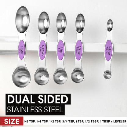 Spring Chef Stainless Steel Magnetic Measuring Spoons Set with Strong N45 Magnets, Heavy Duty Metal Kitchen Gadgets for Baking & Cooking, Fits in Most Kitchen Spice Jars, Set of 8 with Leveler, Black
