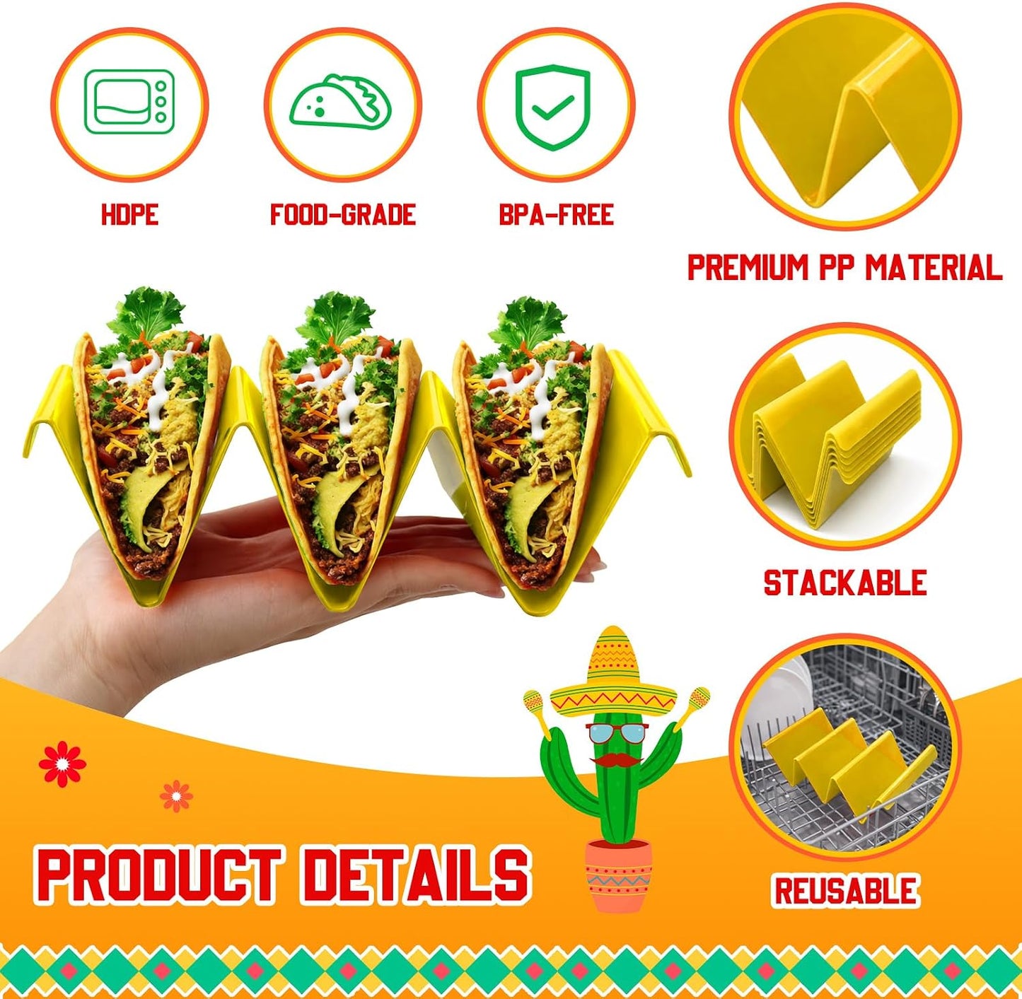 6 Pcs Taco Holder Stands Taco Tuesday Set, Holds Up to 3 Tacos, Premium PP Material Sturdy and Durable, Microwave or Dishwasher Top Rack (Yellow)