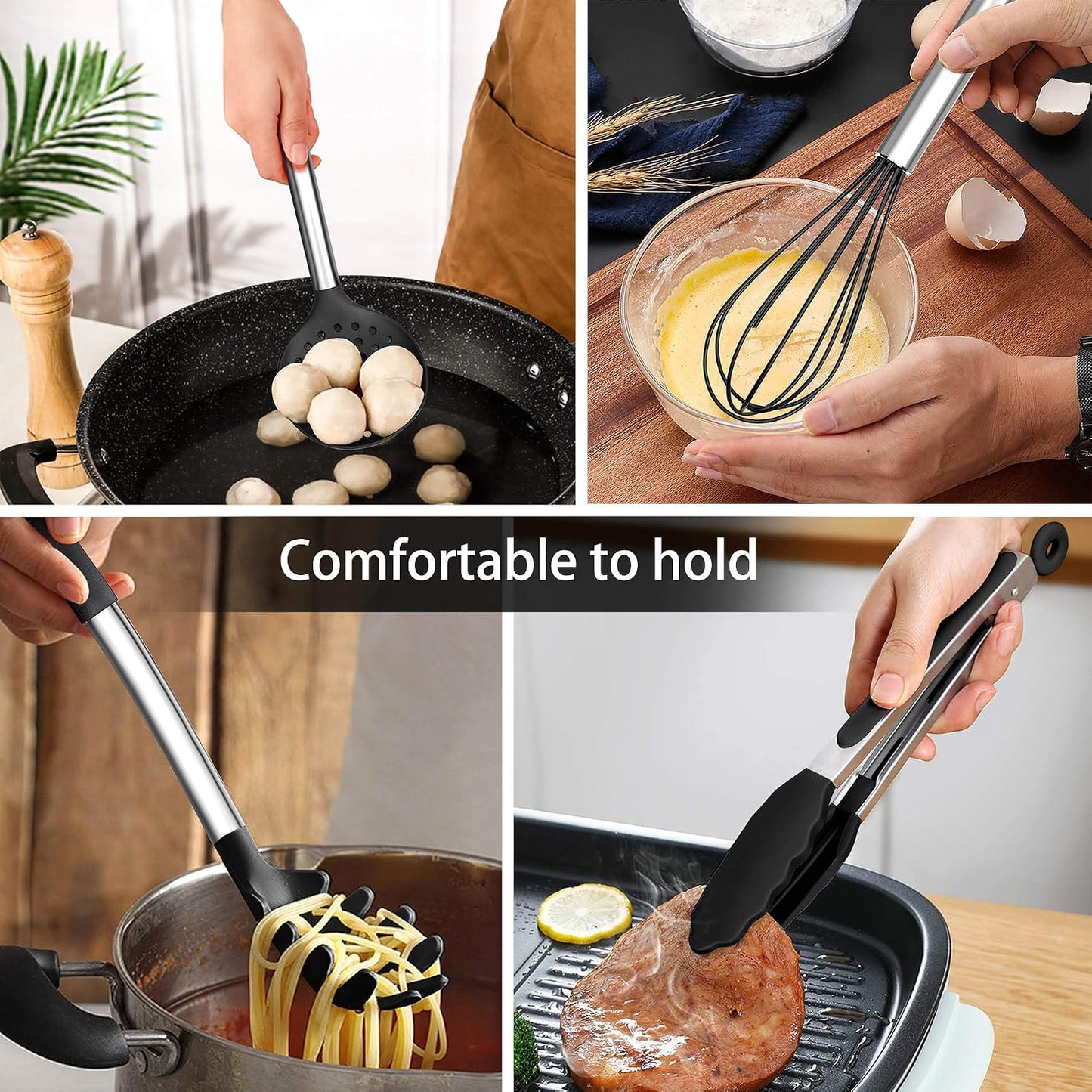 LIANYU 15 Pcs Kitchen Cooking Utensils Set with Holder, Silicone Kitchen Tools with Stainless Steel Handle, Heat Resistant Gadgets, Brush Spatula Spoon Whisk for Cookware, Dishwasher Safe, Khaki