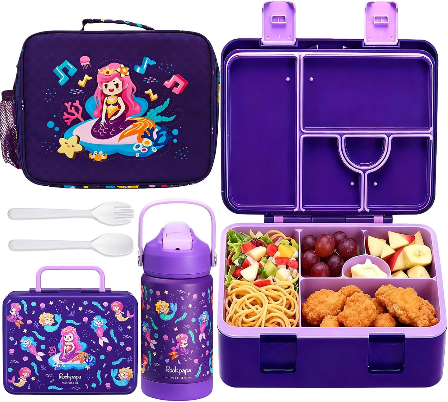 rockpapa Kids Lunch Box Set with 14oz Insulated Water Bottle & Lunch Bag, Leakproof 5.5 Cups Bento Box for School & Children, BPA-Free, Microwave Safe for Boys Girls (Grey Constr Turcks)