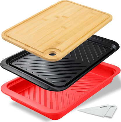 KAQAHIDO Grilling Prep and Serve Trays, BBQ Platter for Raw Meat Marinating and Finished Cooked Food, Melamine Serving Tray, Set of 2, Cleaning Pack Included