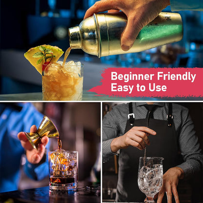 24oz Cocktail Shaker Set Martini Shaker Set Bartender Set with Margarita Mixer Drink Shaker, Measuring Jigger and Mixing Spoon - Professional 18/8 Stainless Steel Bar Tools for Mixed Drinks