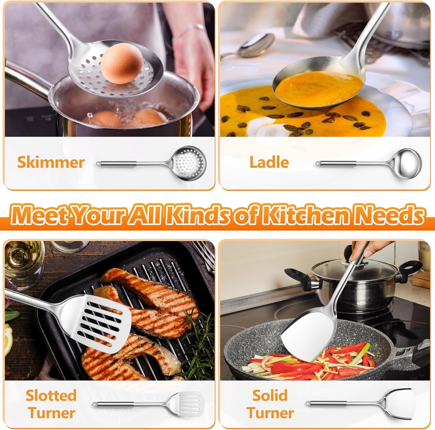 E-far Cooking Utensils Set, 10-Piece Stainless Steel Kitchen Utensils with Holder, Metal Heat Resistant Kitchen Cookware Tool Spatula Set for Cooking, Easy Clean & Dishwasher Safe