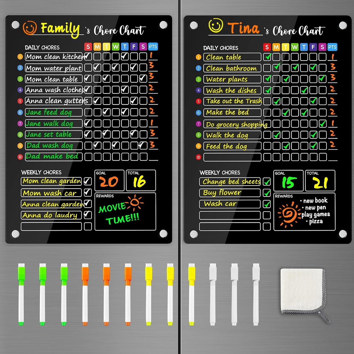 PigPotParty 2-in-1 Acrylic Magnetic Chore Chart for 2 Kids, Couples, Roommates, 15"x11" Large Dry Erase Chore Board for Fridge, Clear Weekly & Daily Reward Chart, Includes 12 Markers & Towel