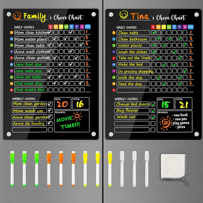 PigPotParty 2-in-1 Acrylic Magnetic Chore Chart for 2 Kids, Couples, Roommates, 15"x11" Large Dry Erase Chore Board for Fridge, Clear Weekly & Daily Reward Chart, Includes 12 Markers & Towel