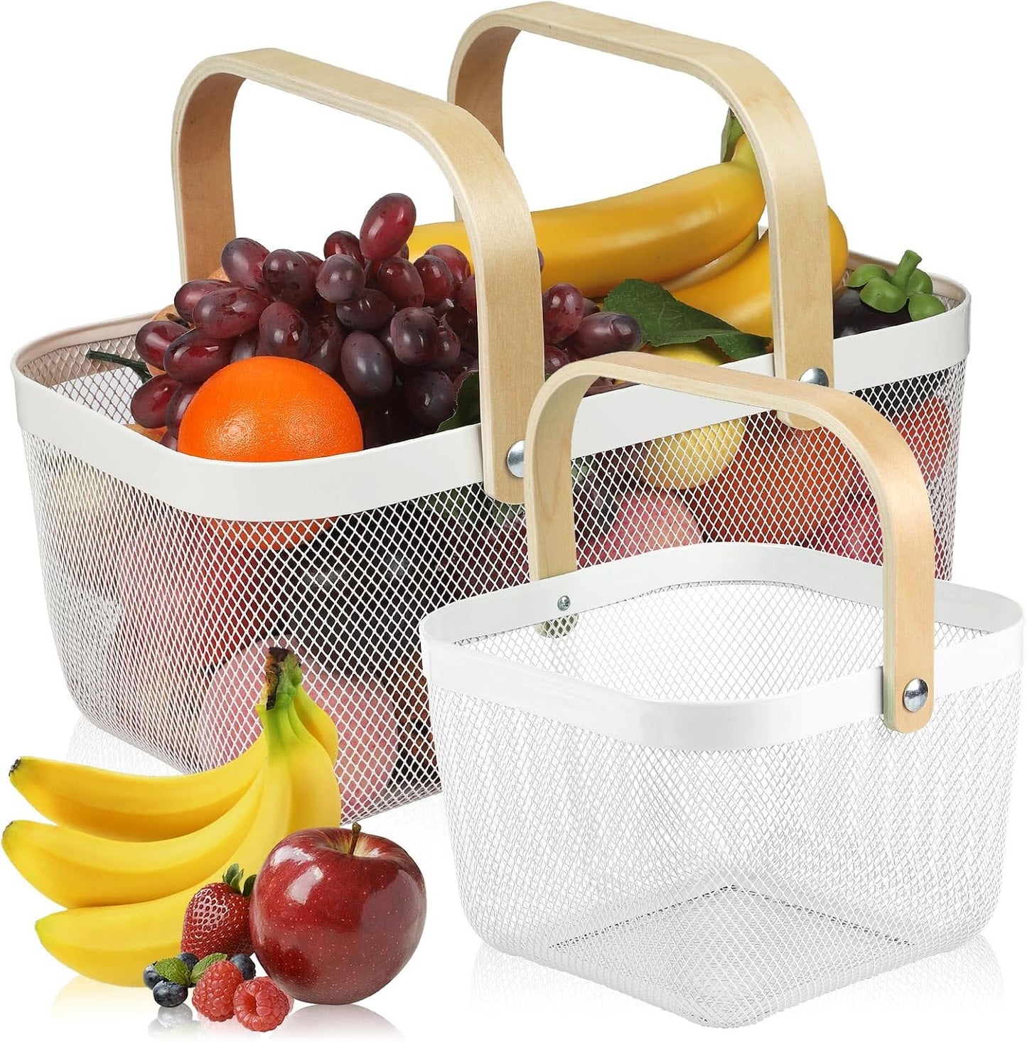 Coloful Metal Mesh Wire Basket with Foldable Wooden Handle,Bin Garden Fruit Vegetable Storage Hanging Harvest Holder for Kitchen Bathroom Picnic (Yellowish Green, Cuboid-15.7 x 9.5 x 7.2“)