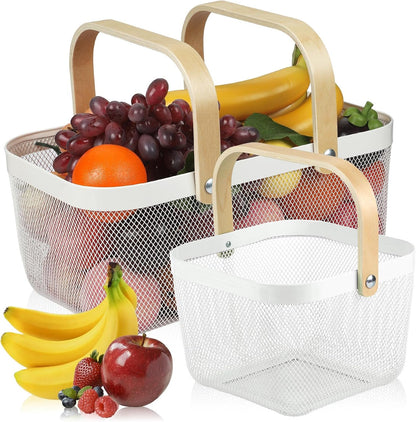 Coloful Metal Mesh Wire Basket with Foldable Wooden Handle,Bin Garden Fruit Vegetable Storage Hanging Harvest Holder for Kitchen Bathroom Picnic (Yellowish Green, Cuboid-15.7 x 9.5 x 7.2“)