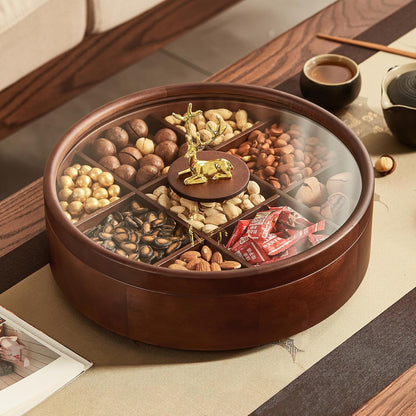 12" Wooden Serving Tray with Lid, 360° Rotating Snack Try, 9 Compartments, Platter Organizer for Snacks, Candy, Nuts, Chips, Tray for Party, Family Dinner for Mom
